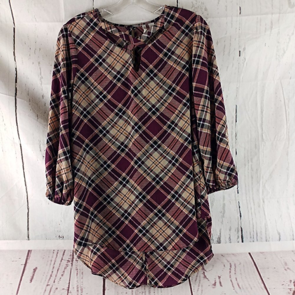CATO Tunic Womens Size S Purple Plaid Keyhole Neck 3/4 Sleeve Blouse Shirt